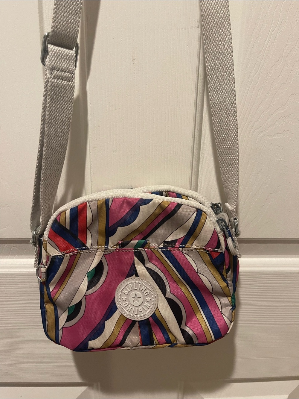 Kipling Striped Multicolor Crossbody Bag with Pink and Blue Accents